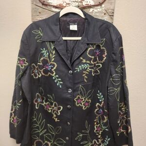 Vikki Vi Women's Dark Gray Floral Embroidered Blazer